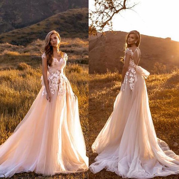

champagne elegant cap sleeve country wedding dress bohemian beach lace appliques open back tulle bridal wedding dress, White