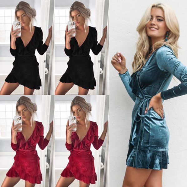 

2019 new clubwear платье sexy женщин v шеи бинты bodycon velvet рябить платье с длинным рукавом партии вечера короткое мини midi, Black;gray