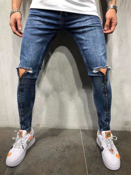 

new designer slim fit ripped jeans men high street mens distressed denim joggers knee holes zipper washed destroyed pencil jeans, Blue