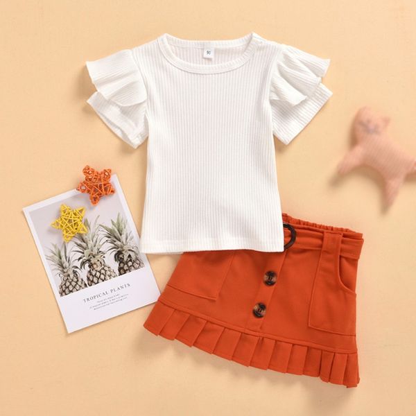 

2020 summer baby girl outfits set short sleeve t-shirt blouse +solid color short skirts girls casual outfits sets, White