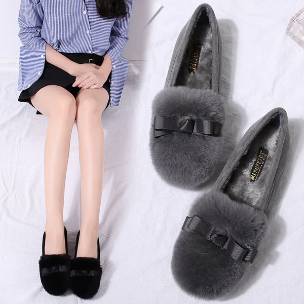 

autumn casual woman platform shoes dress flats women shallow mouth women's moccasins round toe bow-knot loafers fur all-match, Black