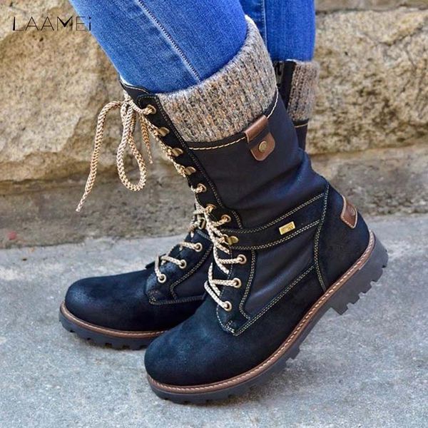 

winter shoes women boots basic women mid-calf boots round toe zip platform decor female shoes warm lace up, Black