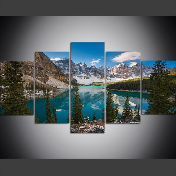 

5 piece large size canvas wall art pictures creative mountain lake scenery art print oil painting for living room decor