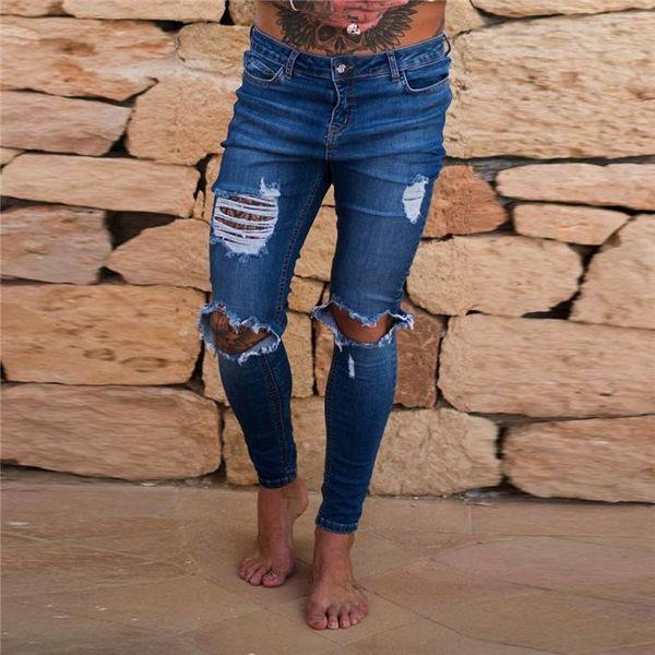 

mens designer slim fit casual jeans solid colornew low rise ripped jeans solid color slim fit jeans, Blue