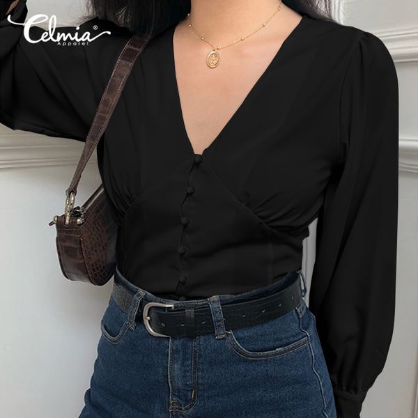

v-neck s-5xl fashion shirts celmia women buttons elegant office and blouses casual loose ladies blusas plus size 7, White