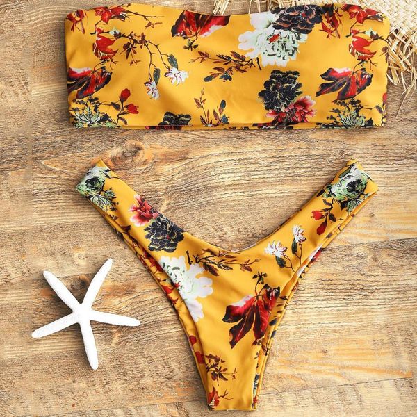 

summer women swimsuit swimwear flower printed two pieces bandeau bikini set, White;black
