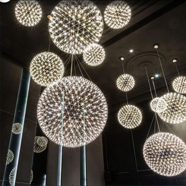 Luzes pingente de LED de fogo de artifício criativas modernas em aço inoxidável luminária de bola grande luminárias suspensas para decoração de salão de hotel