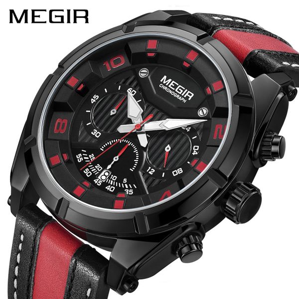 

megir watch men quartz chronograph sport wristwatches clock fashion leather army watches hour time relogio masculino, Slivery;brown