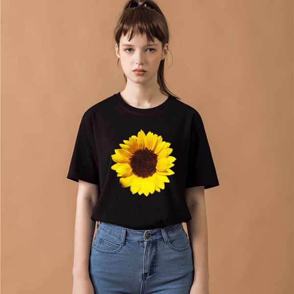 

ins повседневная свободная черная личность женщина подсолнечника рубашка печати женщина шея 2019 новое лето женщины harajuku футболка женщин, White