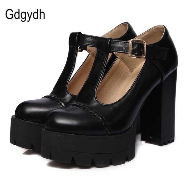 

gdgydh fashion women pumps round toe t-starp buckle female single shoes thick heels platform women shoes russian plus size 43, Black