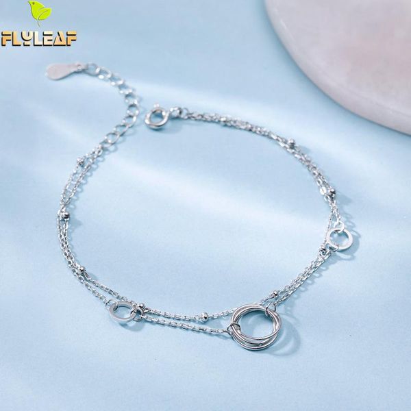 

flyleaf double layer chain bead circle bracelets & bangles real 925 sterling silver bracelets for women fashion fine jewelry, Golden;silver