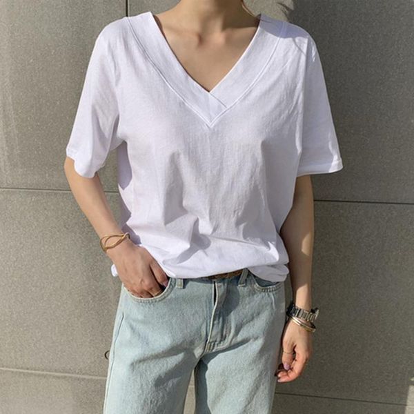 

summer women simple wind v-neck solid short-sleeve white t-shirt japan korean young girl casual loose cotton fashion base top
