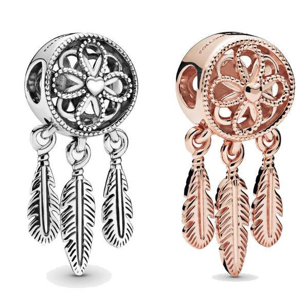 

classic 925 sterling silver charm openwork flower feather spiritual dream catcher pendant beads fit bracelet diy jewelry, Bronze;silver