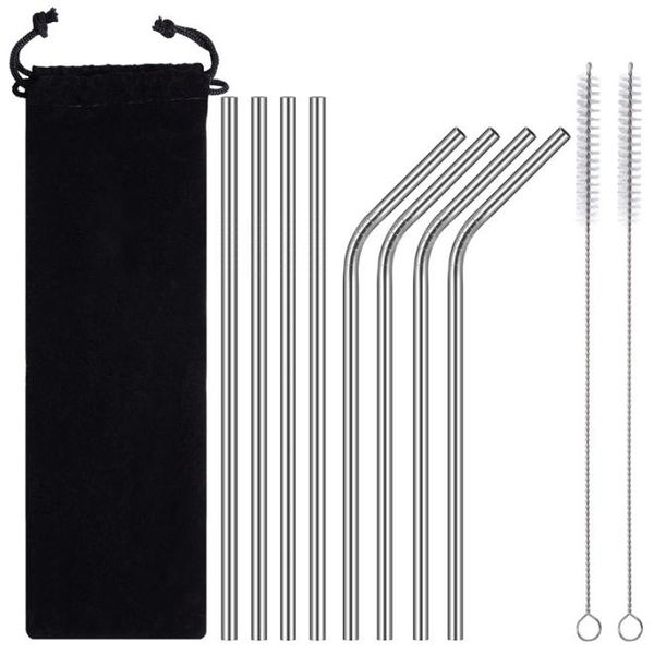 

stainless steel 21.5cm straight bent reusable drinking straws cleaning 200mm x 10mm brush brushes black straw bag pouch sn1245