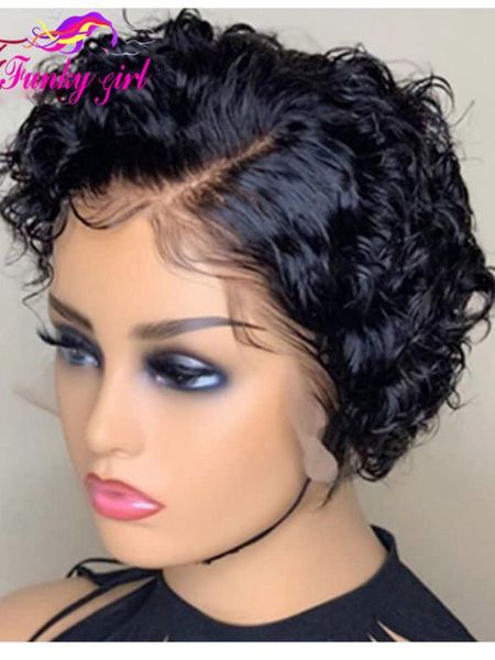 

13x4 short curly bob lace front wigs pixie cut human hair wigs for black women brazilian remy hair short wavy 150% glueless, Black;brown