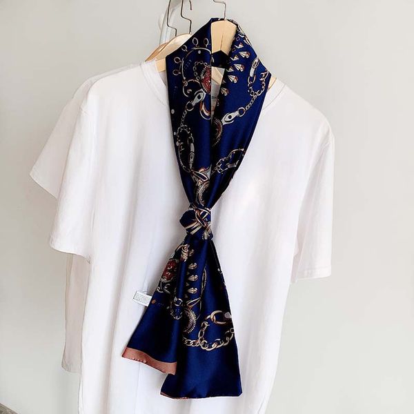 

140cm*14cm ladies elegant long silk scarf spring autumn new chain print scarf headscarf bag decorative ribbon, Blue;gray