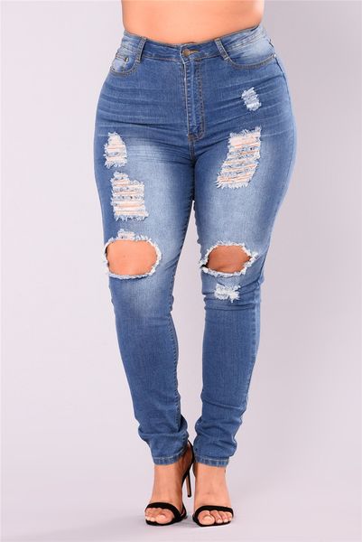 

2019 womens plus size destroyed ripped holes skinny jeans leggings mid rise stretchy straight leg slim fit denim pants, Blue