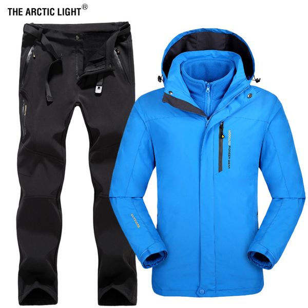 

the arctic light winter men outdoor ski jacket suits hiking camping sports fleece windbreaker thermal fleece pants man sets, Blue;black