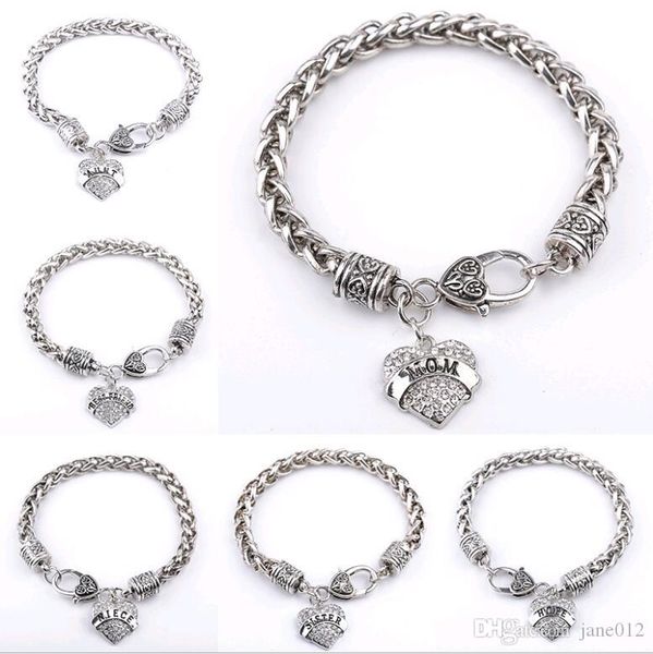 

heart pendant charm bracelet with rhinestone antique silver alloy faith family member nice jewelry mix words, Golden;silver