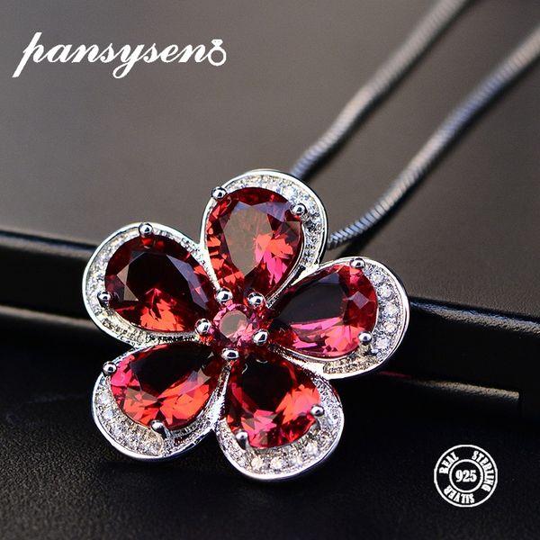 

pansysen genuine 925 sterling silver women flower pendants necklaces clear red ruby romantic fine jewelry necklace wedding girls
