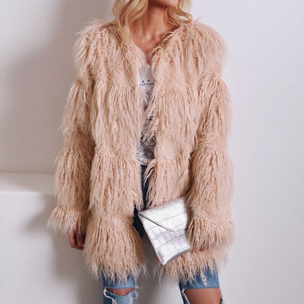 

sfit women's shaggy faux fur solid warm slim coats long sleeve short jacket pockets fashion casual coats autumn winter fashion, Black;red