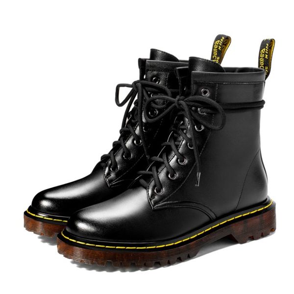 

pxelena plus size 34-44 women leather biker tactical boots 2020 winter new low heels lace up shoes motorcycle, Black