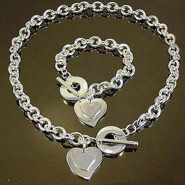 

double heart charm charm silver color bracelet & necklace jewelry sets for women bijoux wholesale xmas gfits
