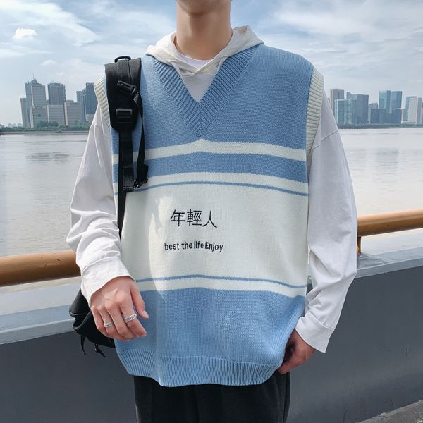 

2019 autumn and winter new men's v-neck knit couple vest loose hong style fashion casual student tide pullover m-2xl, Black;white