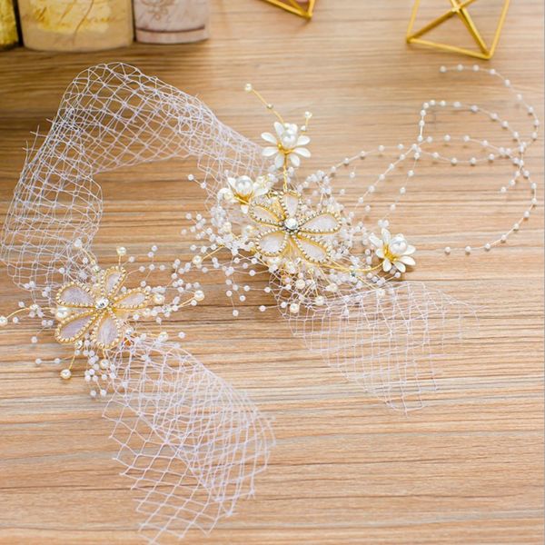 

vintage gold crystal pearl headband mesh rhinestone flower head piece bride hairband wedding pageant hair jewelry accessories, Golden;white