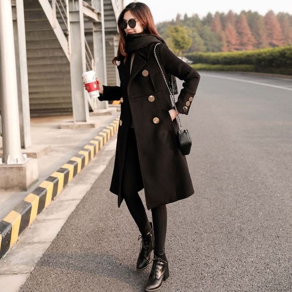 

autumn winter new long-sleeved loose double-breasted coat women wool korean style thicken woolen coats, Black