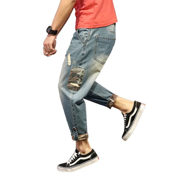 

autumn new retro hole jeans men's ankle trousers cotton denim trousers men's large size high-quality nine-point pants, Blue