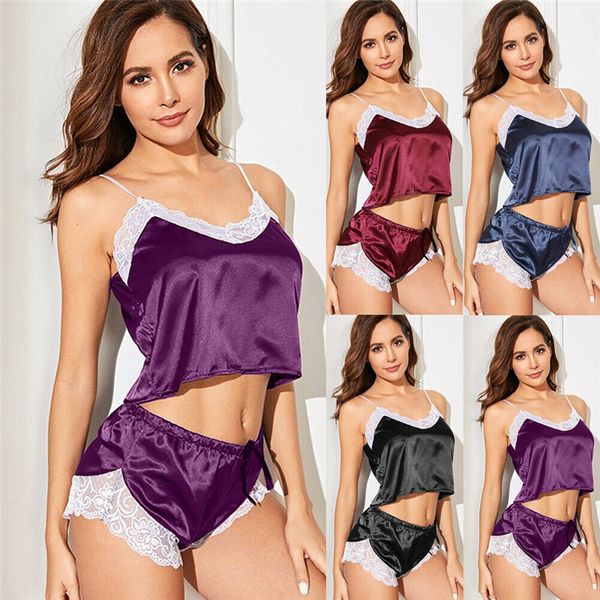 

2pcs women lace satin silk lingerie shorts set ladies causal sleepwear nightwear sleepwear pijamas women fashion new, Black;red