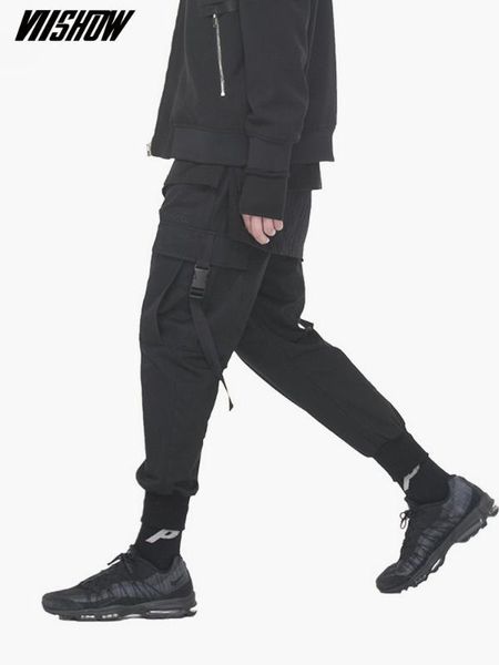 

men's pants viishow streetwear brand 100% cotton pantalon homme hip hop joggers 2021 solid cargo trousers men kc2043183, Black