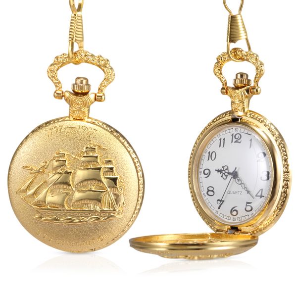 

1pc men women quartz pocket watch golden ship pattern carved case with chain ll@17, Slivery;golden