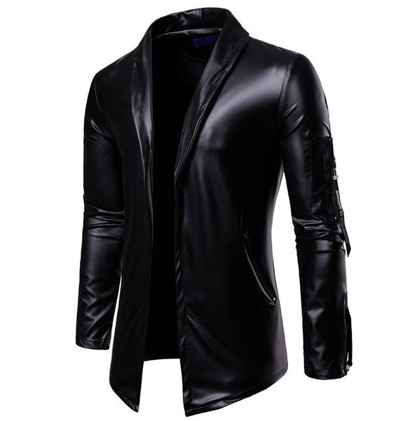 

autumn men elastic pu leather zipper locomotive leather coat slim fit fold-down collar l handsome suit, Black