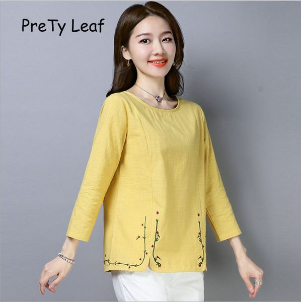 

2019 spring new cotton and linen embroidery shirt, White