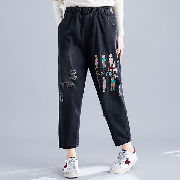 

retro cartoon letter character embroidery denim harem pants woman elastic waist streetwear patchwork ripped jeans for women hole, Blue