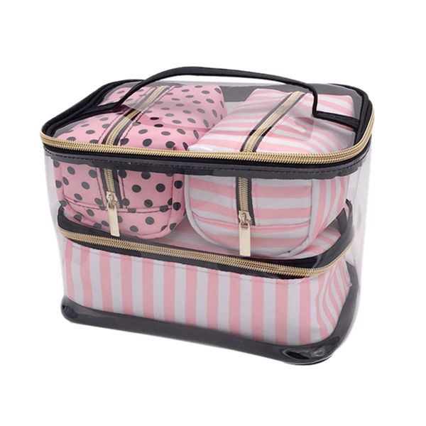 

4pcs/lot pvc transparent cosmetic bag organizer travel toiletry bag set pink beauty case makeup case beautician vanity necessair