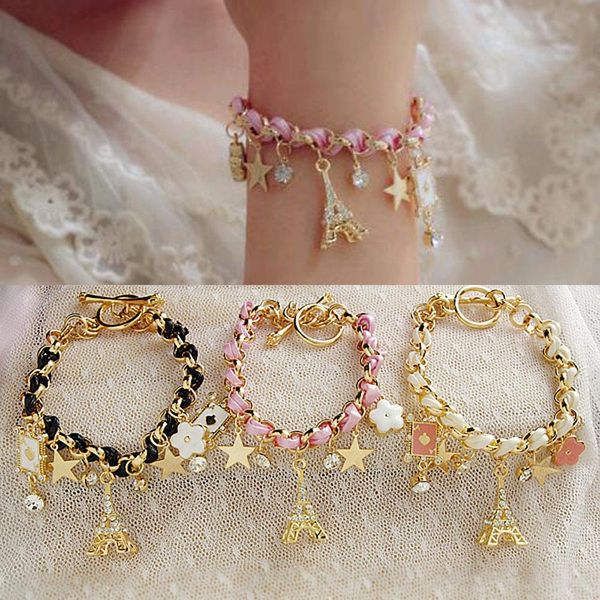 

vienkim new sell fashion jewelry multielement gold chain leather rope crystal handmade bracelet eiffel tower star pendant, Black