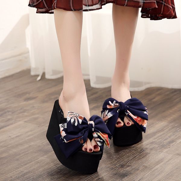 

women ladies slippers girls pearl bowknot wedges flip flops sandals slippers beach shoes fashion zapatos de mujer, Black