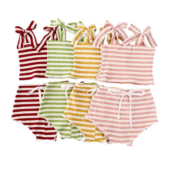 

clothing sets baby girls striped knitted clothes lace up shoulder strap tube +short bottom 2pcs casual cotton tracksuits outfits, White