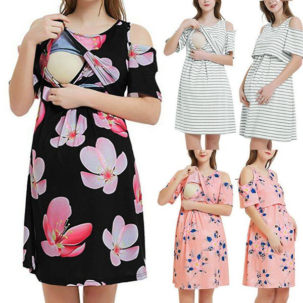 

women maternity pregnancy nursing dresses short sleeve summer floral sundress short sleeve dress, White