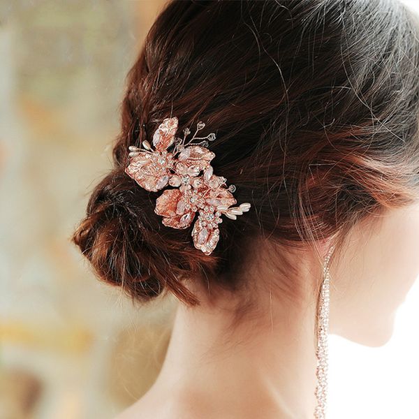 

le liin rose gold bridal leaf hair comb alloy flower handmade crystal hair jewelry wedding headdress, Golden;white