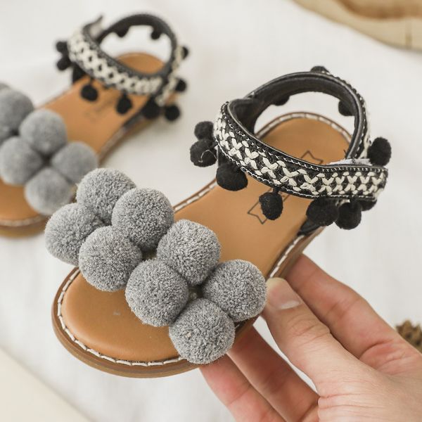 

modis baby girls sandals 2019 summer new sweet fur balls roman shoe kids sandals princess beach shoes bohemian style folk-custom t200604, Black;red