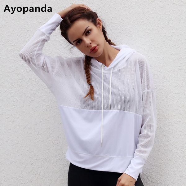 

ayopanda 2017 new hollow long sleeve hoodies loose mesh running yoga white breathable workout sweater for drop shipping, White;black