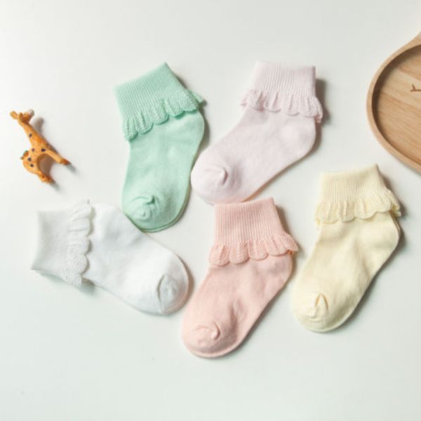 

5 pairs cute lace ruffles baby girl socks kids cotton soft solid color socks, Pink;yellow