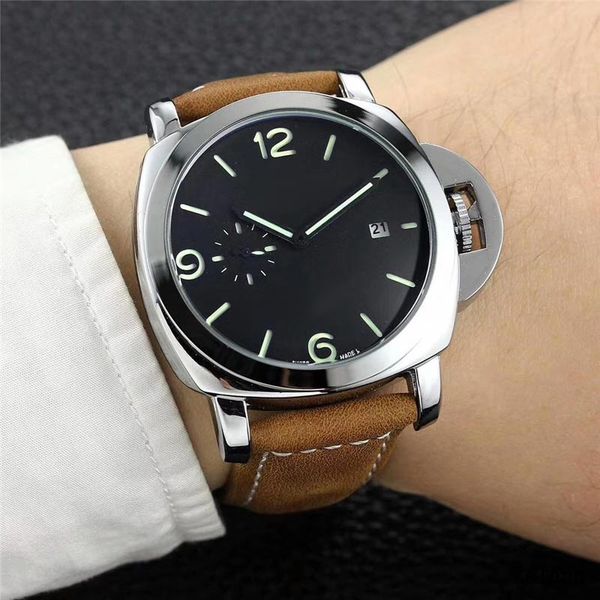 

fashion mens watches 45mm smaill dial works leather strap sport quart watch for men valentine gift orologio di lusso, Slivery;brown