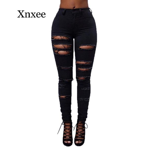 

long pants ripped jeans for women trousers mid waisted skinny hole denim pants black white slim female jeans mujer, Blue