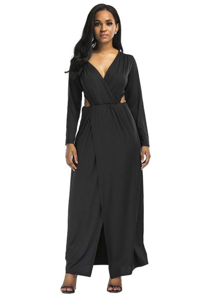 

solid v neck woman solid dress 2018 spring summer split women dresses big size women clothes 2018, Black;gray