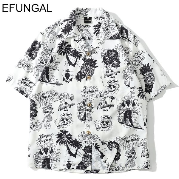 

skull print hawaiian shirts men hc summer hip hop streetwear harajuku tees shirts casual short sleeve beach shirt, White;black